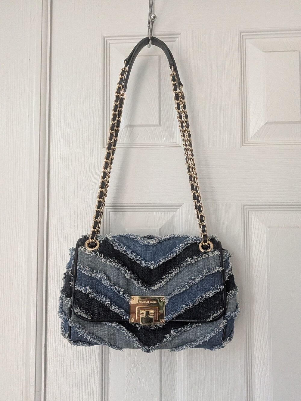 Michael Kors Denim Chevron Chain Shoulder Bag in Blue and Black